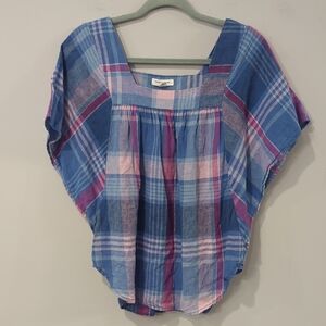 Linen Blouse Top Plaid Flutter Sleeve size Small
